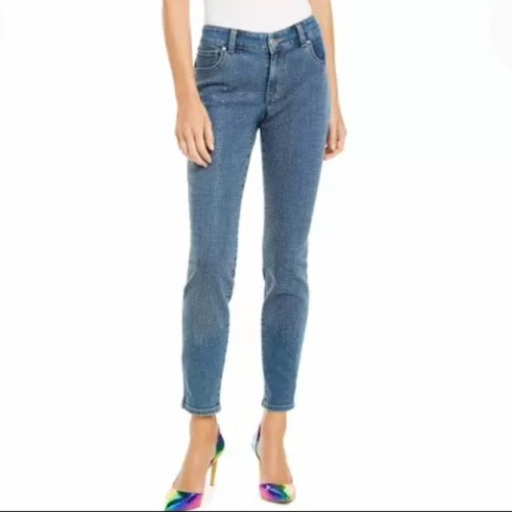 NEW INC International Concepts Rhinestone Front Skinny Jeans, Size 4P, Blue